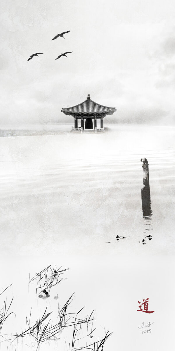 10x20 vertical panel that is a composite black and white photograph featuring reades of grass in the lower left corner, a pier in the middle right with a cormorant bird on top and a Korean temple in the background with three brown pelicans flying in from the top left.