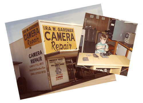 Photo of Ira Gardner as a small child taking apart cameras at his father's camera repair shop in Los Angeles.